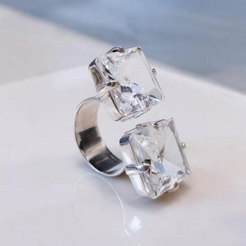 Anel Cristal Hialino Duplo da Linha Prata