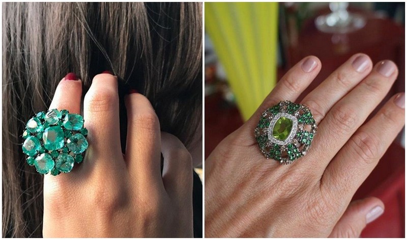 Anel maravilhoso em ouro com ródio preto e esmeraldas colombianas. Anel em ouro branco, pedra central de peridoto, cercado  de diamantes e esmeraldas