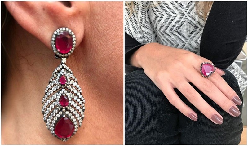 Brinco com rubis e diamantes brancos em ouro com banho de ródio preto. Anel com rubi lapidado em forma de coração. Diamantes negros e brown e ouro 